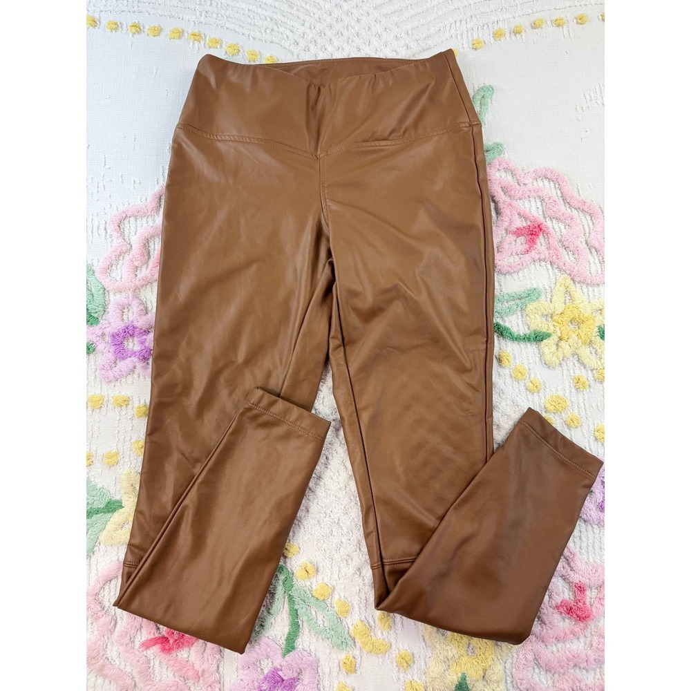 A New Day Faux Leather Leggings Cognac Brown High Rise Pants XS RN17730 - Picture 1 of 8